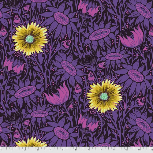 A purple and yellow floral pattern on fabric.