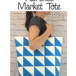 A woman holding onto a blue and white bag