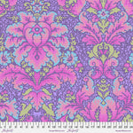 A purple and pink floral pattern on fabric.
