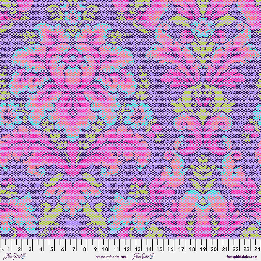 A purple and pink floral pattern on fabric.