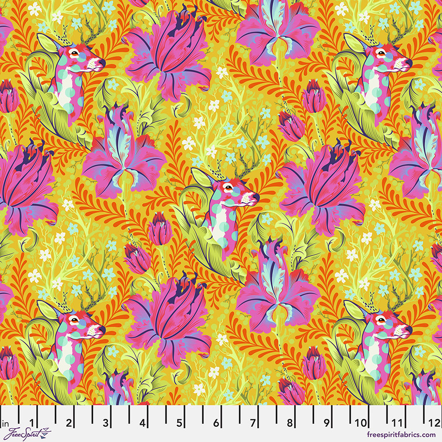 A yellow and pink floral pattern with deer.