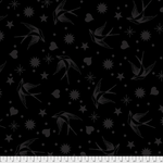 A black background with grey birds and stars.