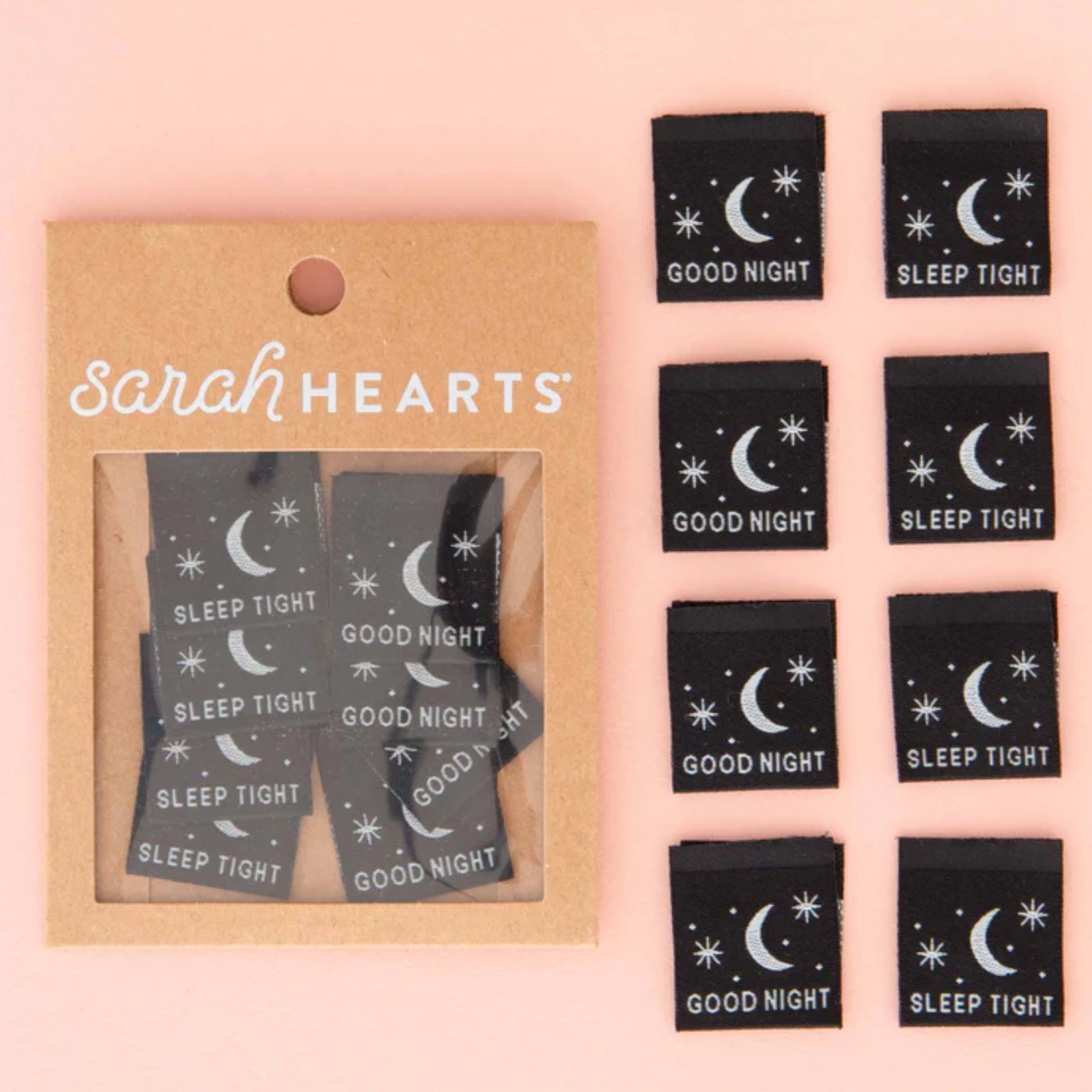 Set of nine black enamel pins with nighttime themes and positive messages.