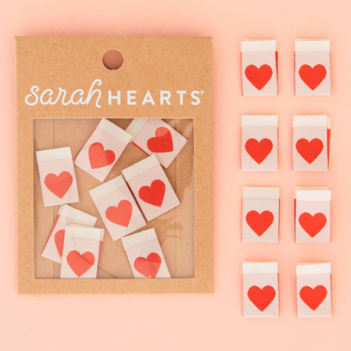 Sarah Hearts stickers featuring red hearts on white squares.