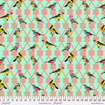 A pattern of birds sitting on top of a lattice.