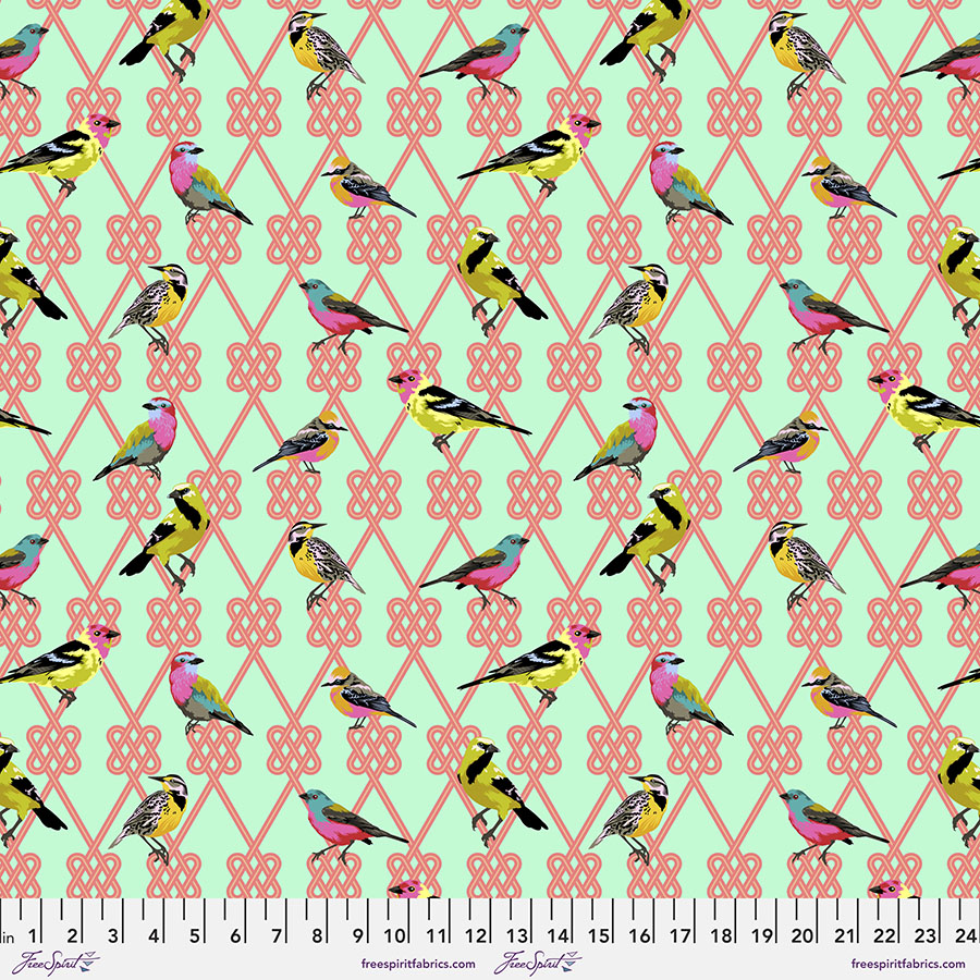 A pattern of birds sitting on top of a lattice.