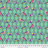 A pattern of birds sitting on top of green and purple argyle.