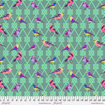 A pattern of birds sitting on top of green and purple argyle.