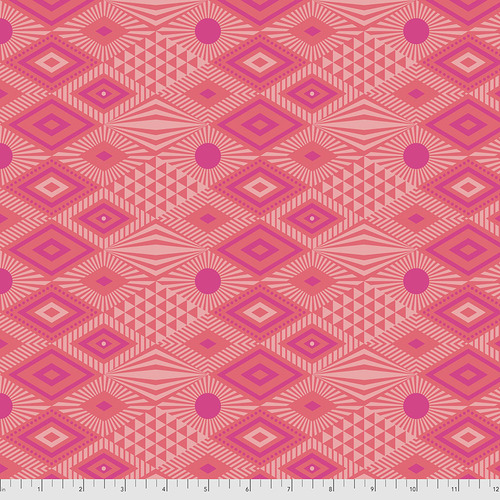 A pink pattern with different shapes and colors.
