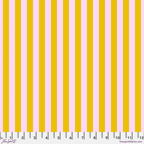 A pink and yellow striped fabric with white stripes.