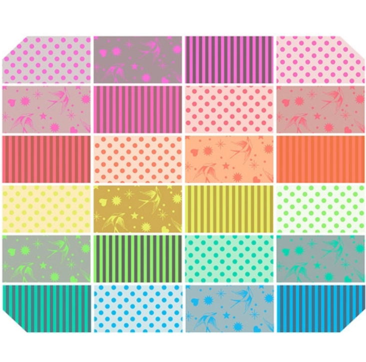 A collection of colorful squares with polka dots and stripes.