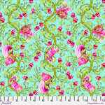 A floral pattern with pink flowers and green leaves.