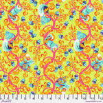 A yellow background with swirls and flowers.