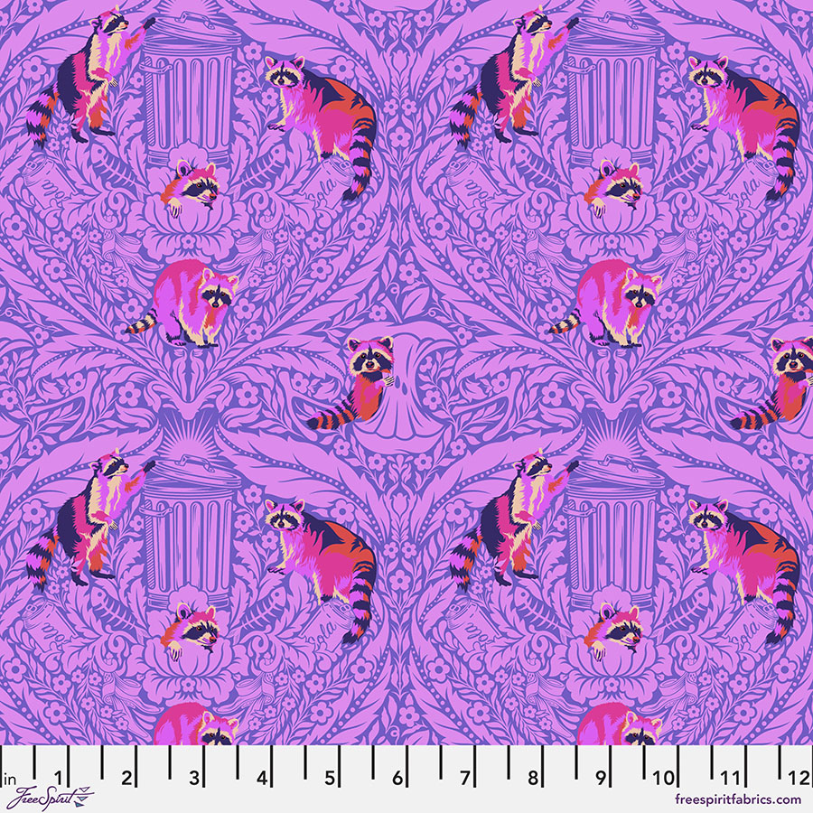 A purple background with pink and black animals.