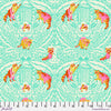 A pattern of cats and birds on a green background.