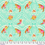 A pattern of cats and birds on a green background.