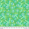A green floral pattern is shown on fabric.