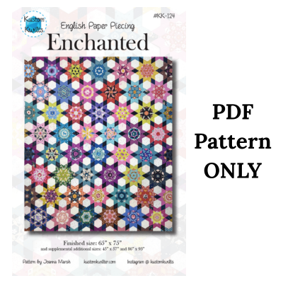 Colorful English paper piecing quilt pattern with floral motifs.