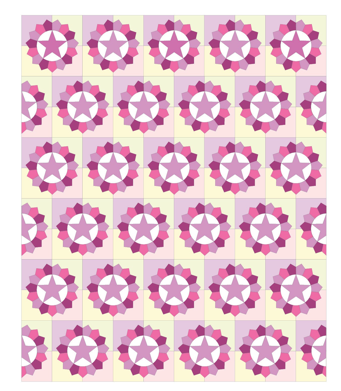 Bright pink and purple geometric floral pattern on a light background.