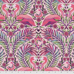 A pink and purple pattern with flamingos.