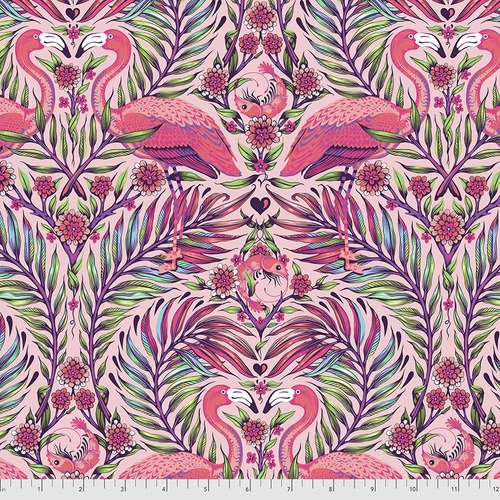 A pink and purple pattern with flamingos.