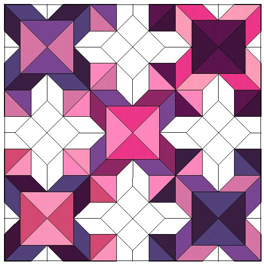 A quilt with purple and pink squares on it.