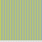 A yellow and blue striped fabric with white polka dots.