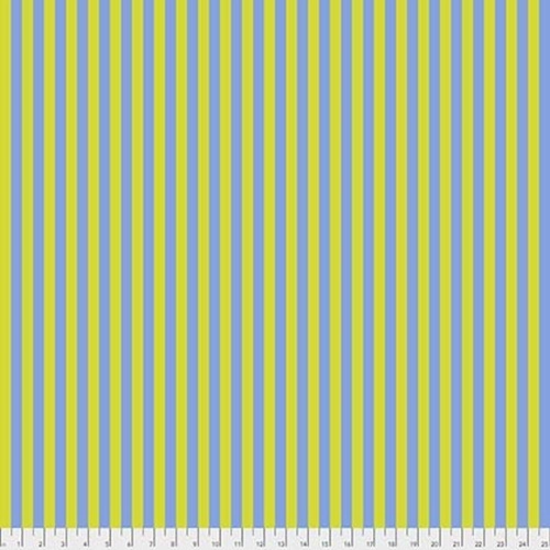 A yellow and blue striped fabric with white polka dots.