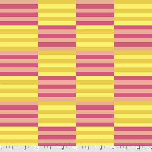 A pink and yellow striped pattern on fabric.