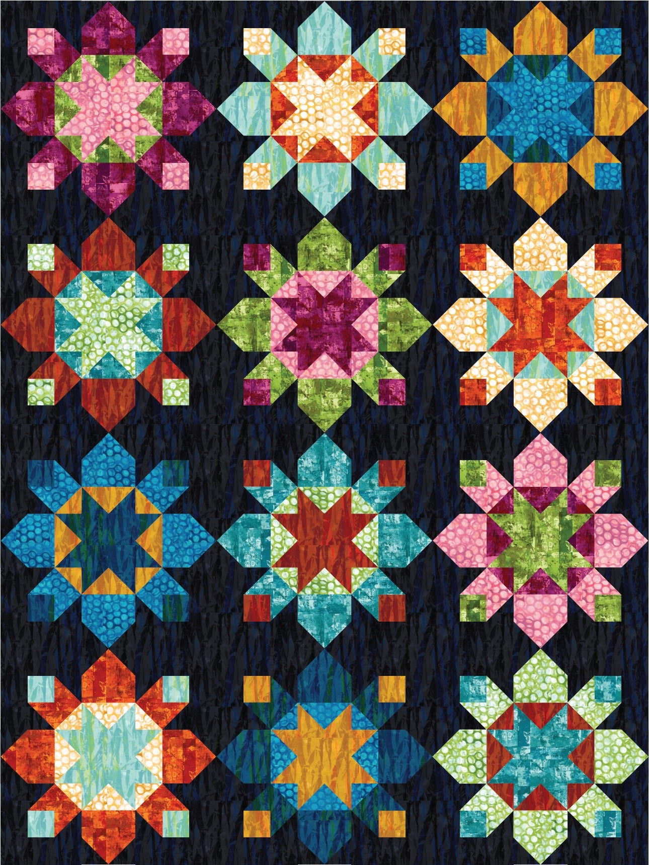 A quilt with different colored stars on it.