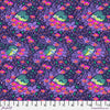 A purple floral pattern with green leaves.
