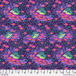 A purple floral pattern with green leaves.