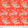 A red floral fabric with pink and yellow flowers.