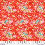 A red floral fabric with pink and yellow flowers.