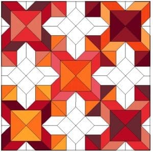 A quilt with different colored squares and triangles.