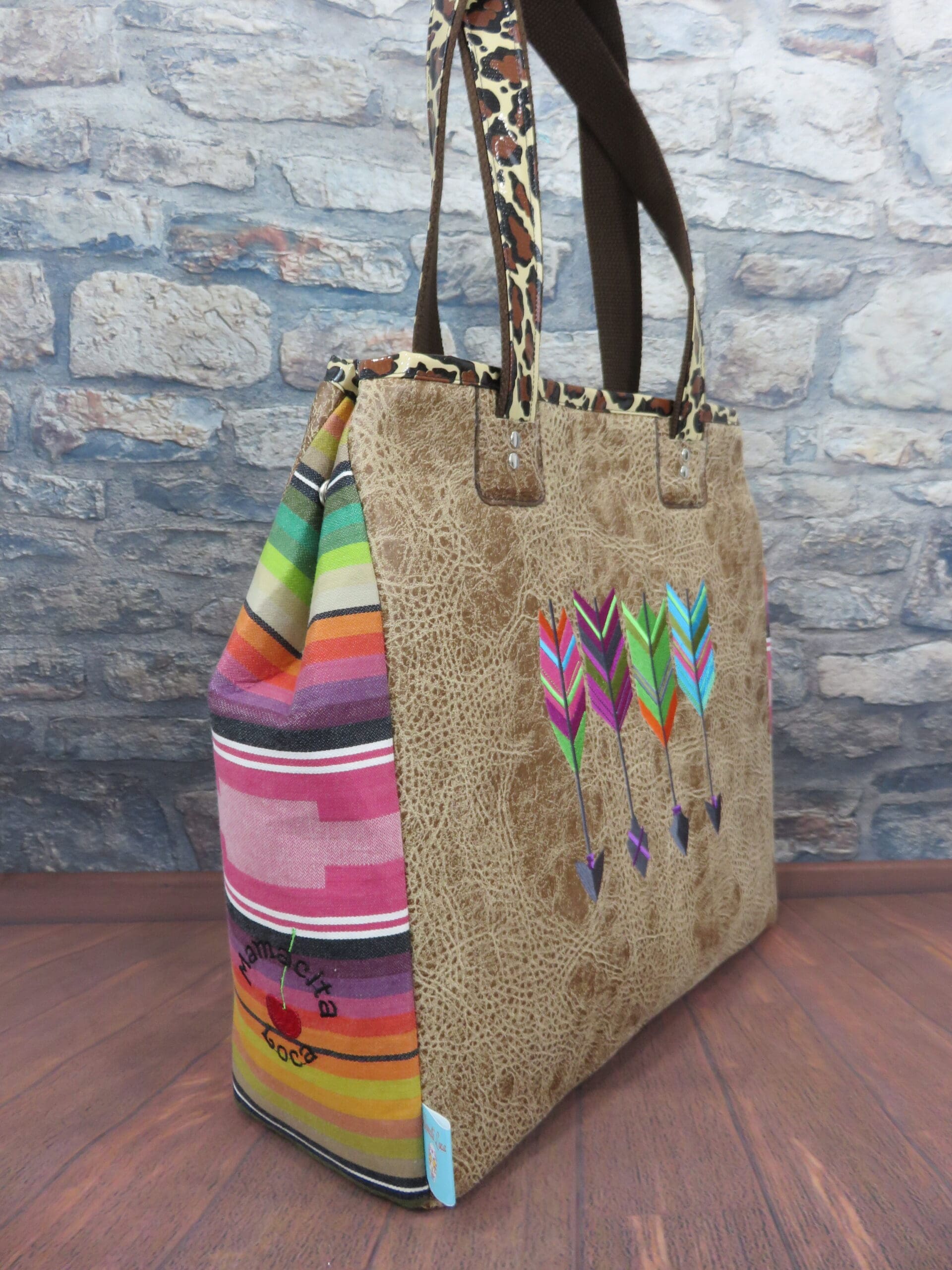 A bag with a colorful design on it