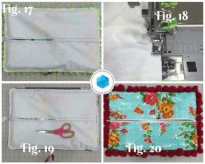 Four pictures of a sewing machine with the instructions for making a bag.