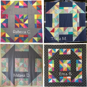 Four different quilt blocks with names on them.