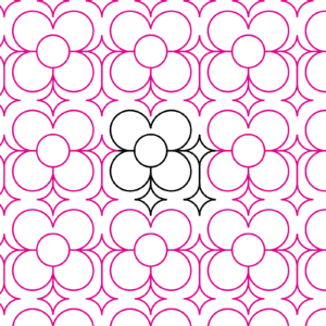 Pattern of pink flowers with one black flower in the center.