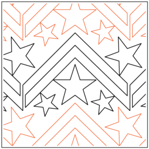 Geometric pattern with stars and chevrons in orange and black lines.