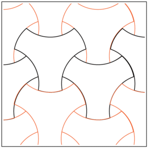 Interlocking tile pattern with curved black and orange lines on white background.