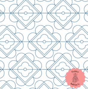 Seamless geometric pattern with blue symmetrical shapes on a white background.