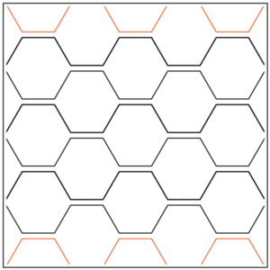 A grid of hexagons outlined in black with red markings on the edges.