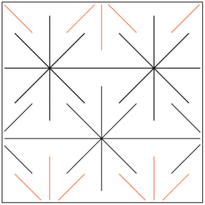 A geometric pattern with black and orange lines forming star-like shapes.