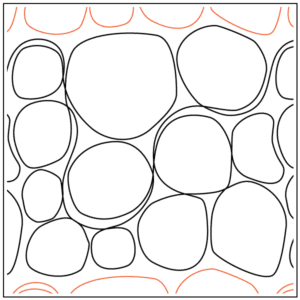 Abstract pattern of overlapping rounded shapes with a red scalloped border.