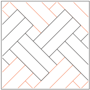Geometric pattern of intersecting white and gray rectangles with thin orange lines.
