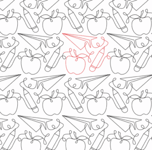 Seamless pattern of outlined fruits and vegetables, with one highlighted in red.