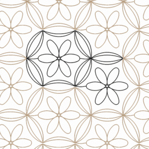 Abstract floral pattern with outlined flowers and leaves in soft beige and black.