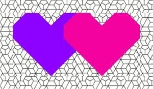 Two hearts are shown in a pattern of geometric shapes.