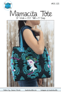 A woman holding onto a black bag with blue handles